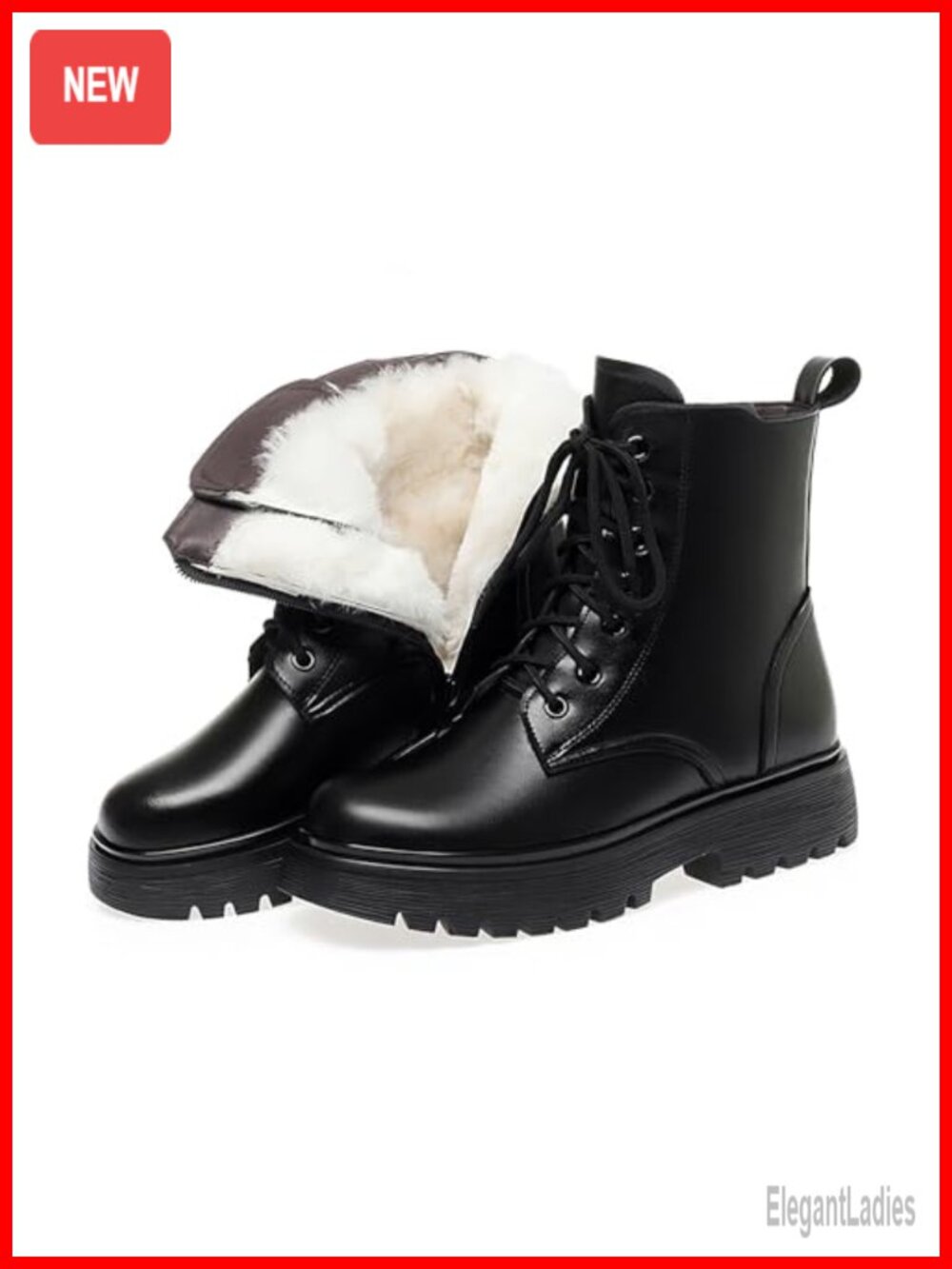 Leather Lace-Up Platform Combat Boots Side Zip Round Toe Lug Sole Fur Lining